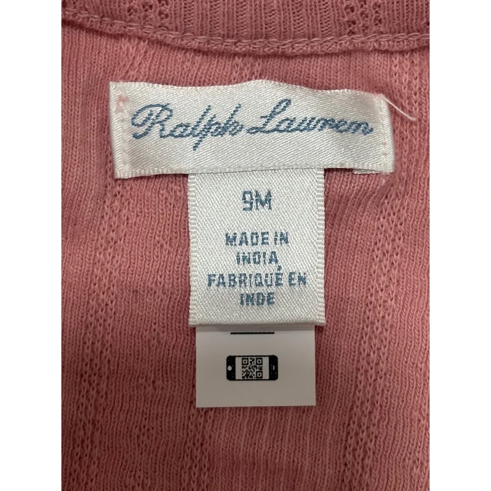 Ralph Lauren Baby Girl Pink Pointelle Wrap Top Side Snap Ruffle 9M Long Sleeve